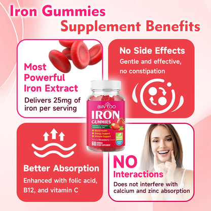 2 Pack Vegan Iron Gummies for Adults & Kids – Vitamin C, B-Complex & Zinc | 120 Gummies