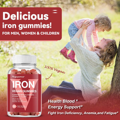 Vegan Iron Gummies with Vitamin C, A, B-Complex, Folate & Zinc – Peach Flavor (90 Ct) for Adults & Kids