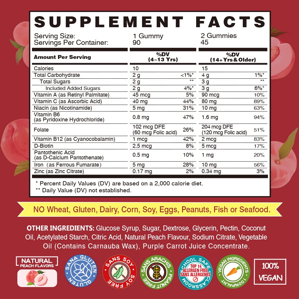 Vegan Iron Gummies with Vitamin C, A, B-Complex, Folate & Zinc – Peach Flavor (90 Ct) for Adults & Kids