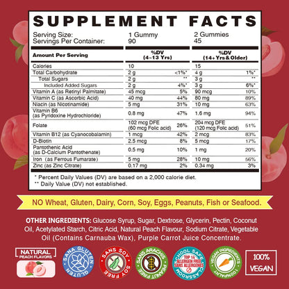 VEGEPOWER Vegan Iron Gummies – Peach Flavor (2 Packs) | Iron, Vitamin C/A/B/Zinc