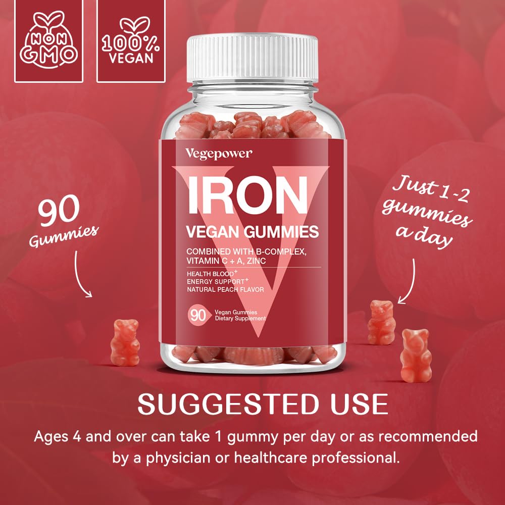 VEGEPOWER Vegan Iron Gummies – Peach Flavor (2 Packs) | Iron, Vitamin C/A/B/Zinc