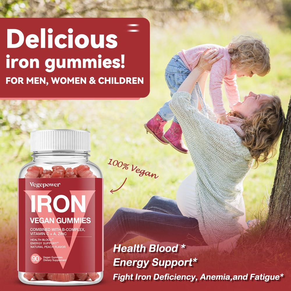 VEGEPOWER Vegan Iron Gummies – Peach Flavor (2 Packs) | Iron, Vitamin C/A/B/Zinc
