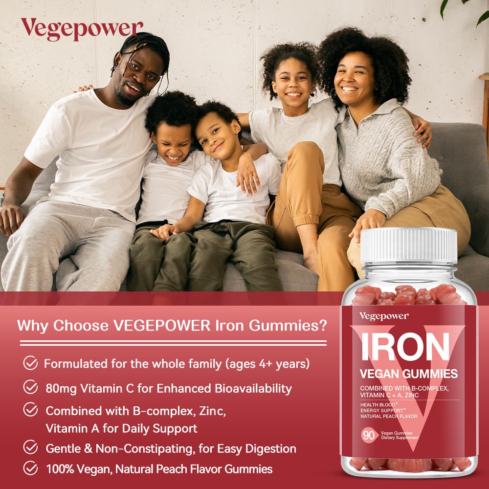 VEGEPOWER Vegan Iron Gummies – Peach Flavor (2 Packs) | Iron, Vitamin C/A/B/Zinc