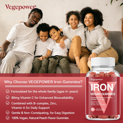 VEGEPOWER Vegan Iron Gummies – Peach Flavor (2 Packs) | Iron, Vitamin C/A/B/Zinc