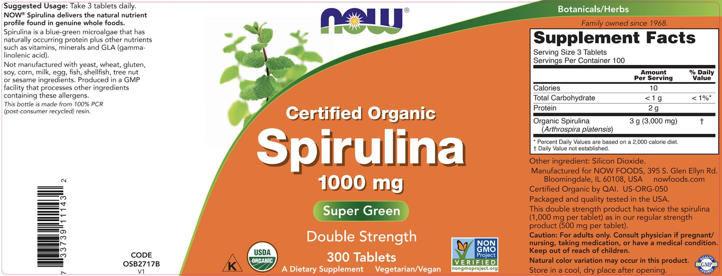 NOW Foods Organic Spirulina 1000mg Tablets – 300 Count, Non-GMO