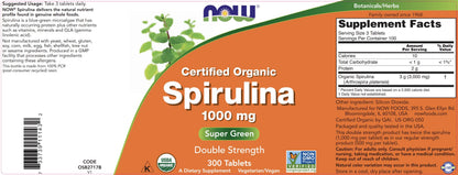 NOW Foods Organic Spirulina 1000mg Tablets – 300 Count, Non-GMO