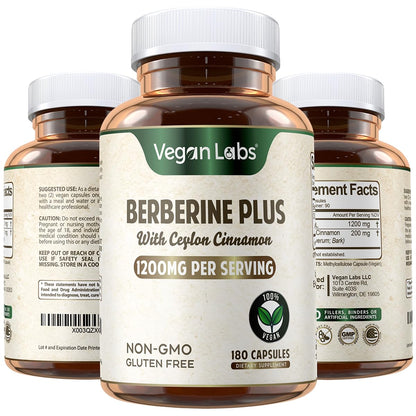 Vegan Labs Berberine HCL 1200MG with Organic Ceylon Cinnamon - 180 Vegan Capsules