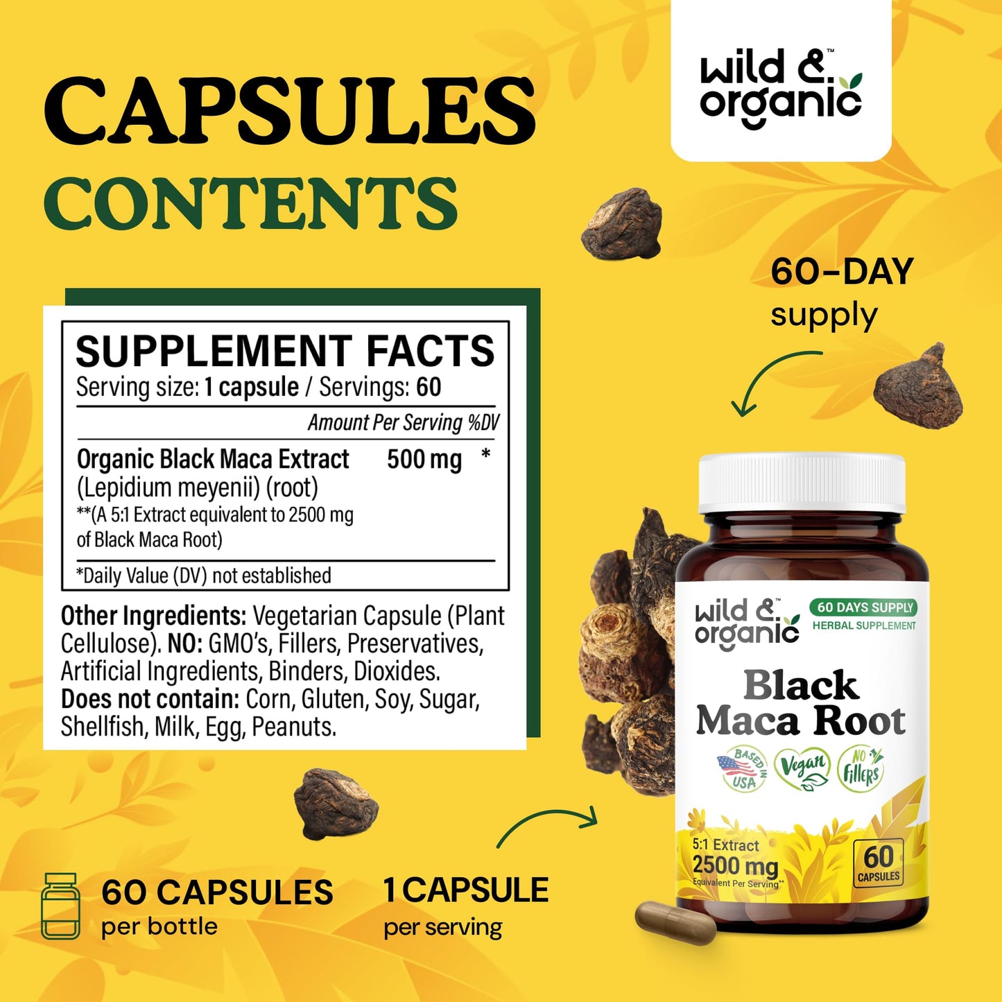 Wild & Organic Black Maca Root Capsules 500 mg – 60 Veg Caps, Non-GMO, Gluten-Free