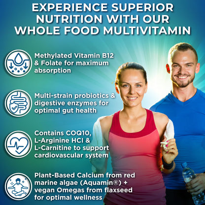 Vegan Whole Food Multivitamin with Iron – Methylated B-Complex, Non-GMO | 90 Count
