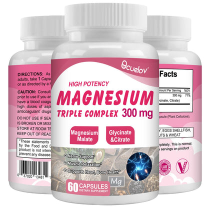 Triple Magnesium Complex 300mg – Glycinate, Malate & Citrate | 60 Caps | Vegan & Non-GMO