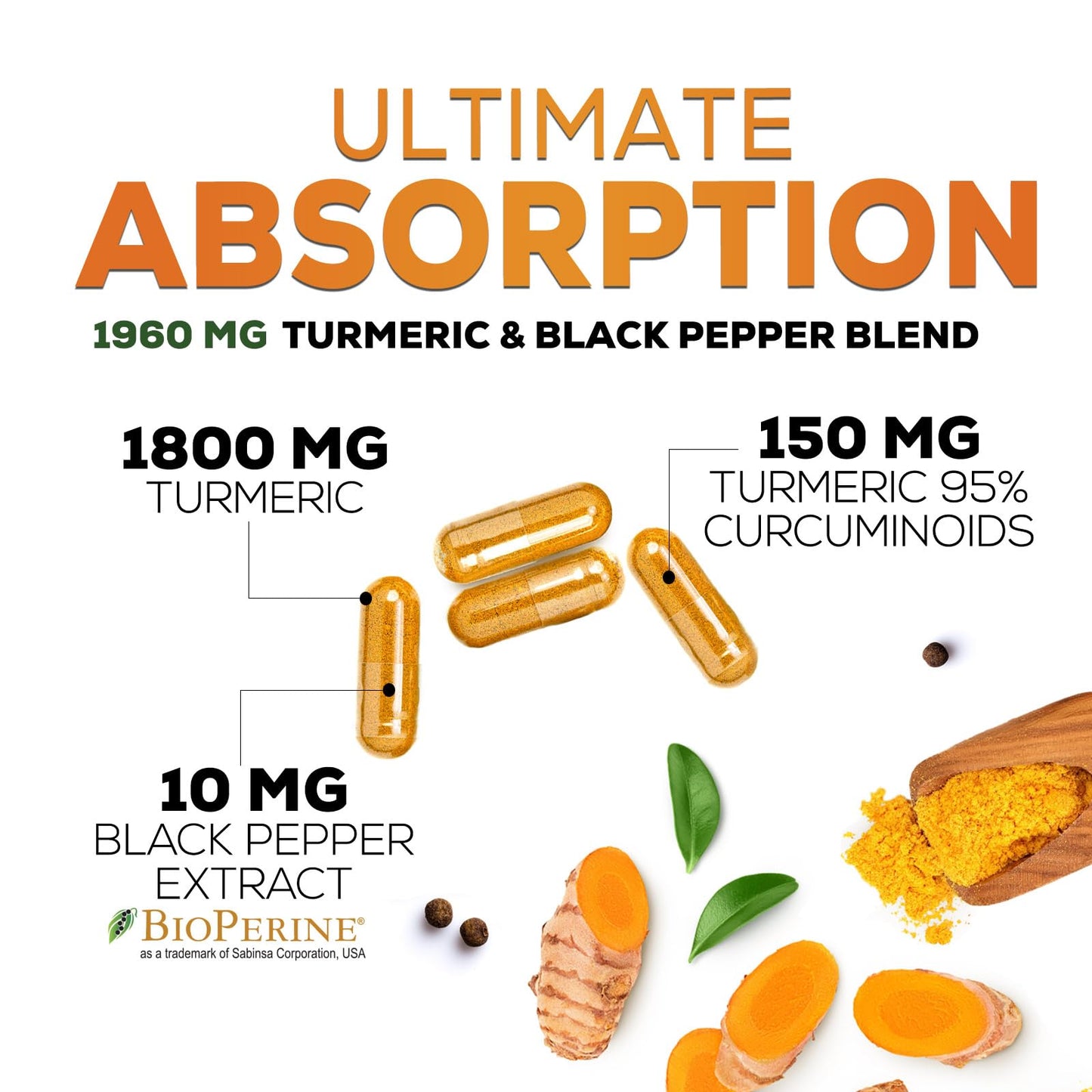 Turmeric Curcumin 1950mg with Bioperine – 95% Curcuminoids, 240 Vegan Capsules, Made in USA