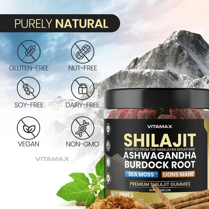 Organic Shilajit Gummies with Sea Moss & Ashwagandha – Watermelon Flavor, 60ct – Vegan, Non-GMO, Made in USA