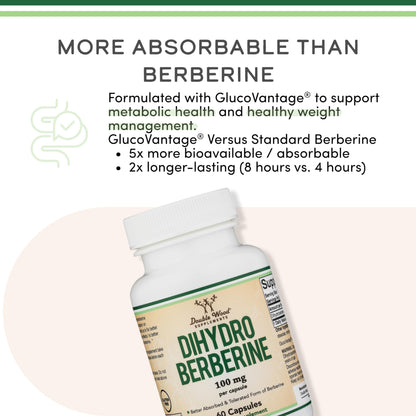 Dihydroberberine 100mg (60 Caps) - GlucoVantage | Third-Party Tested | Vegan Safe | Double Wood