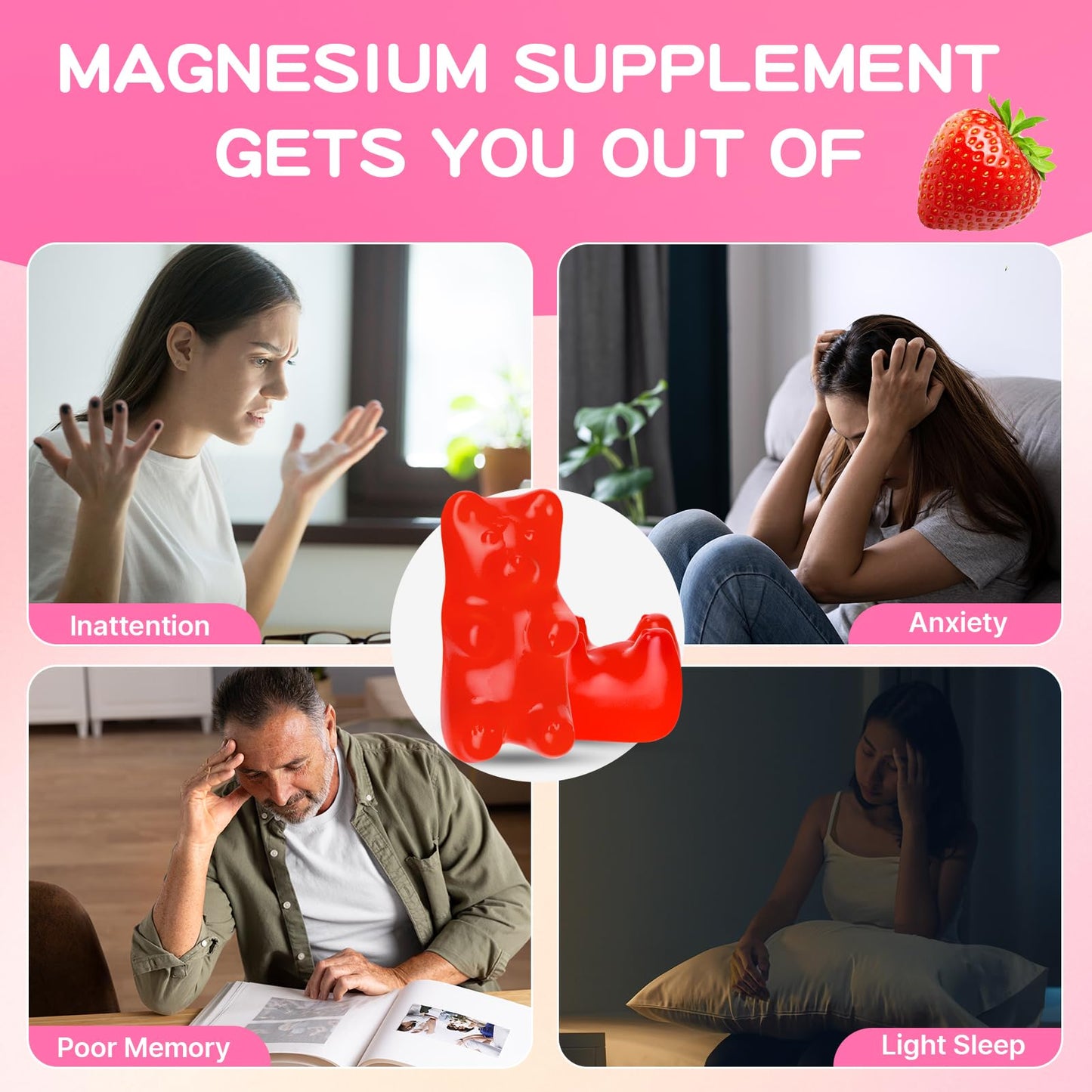 Magnesium L-Threonate Gummies 1000mg – Sugar-Free Strawberry, 120 Count