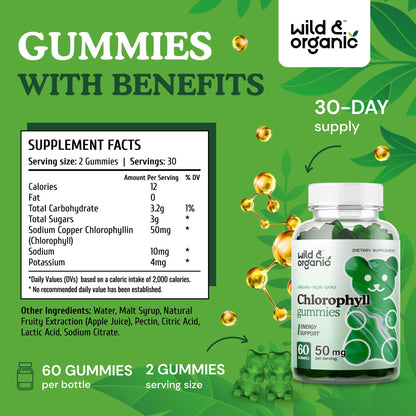 Wild & Organic Chlorophyll Gummies 50mg - Detox Cleanse, Vegan & Non-GMO, 60 Chews (Pack of 2)