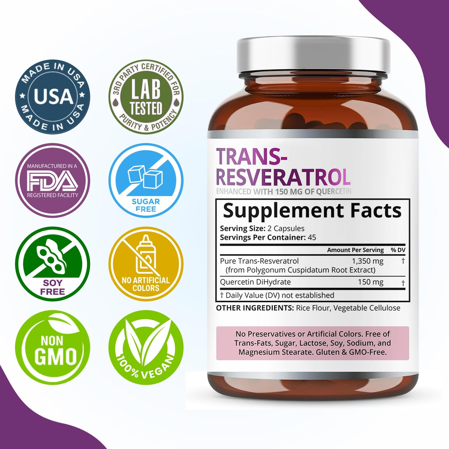 Purity Labs Trans-Resveratrol with Quercetin – Pure Organic Vegan Antioxidant (90 Caps)