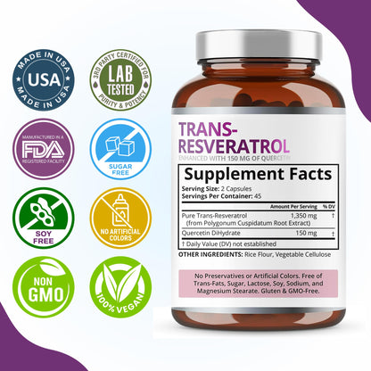 Purity Labs Trans-Resveratrol with Quercetin – Pure Organic Vegan Antioxidant (90 Caps)
