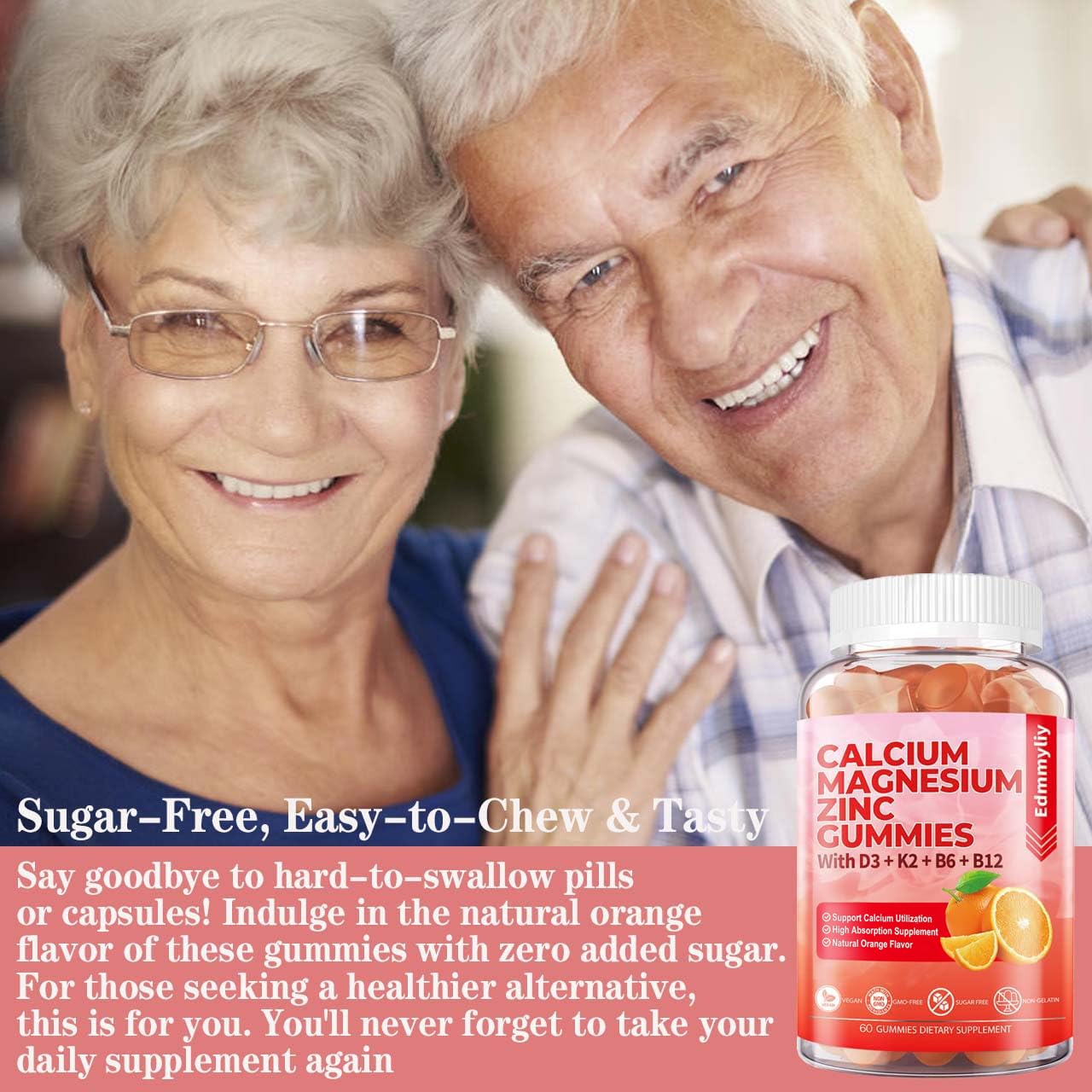 Sugar Free Calcium Magnesium Zinc Gummies with Vitamin D3 & B12 – Immune Support (120 Count)
