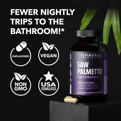 Saw Palmetto PM for Men with Melatonin 3mg - Night Time Prostate Health Supplement for Bladder and Sleep Support - Reduce Urinary Frequency - 200 Count - Vegan, Non-GMO Capsules - Over 6 Month Supply