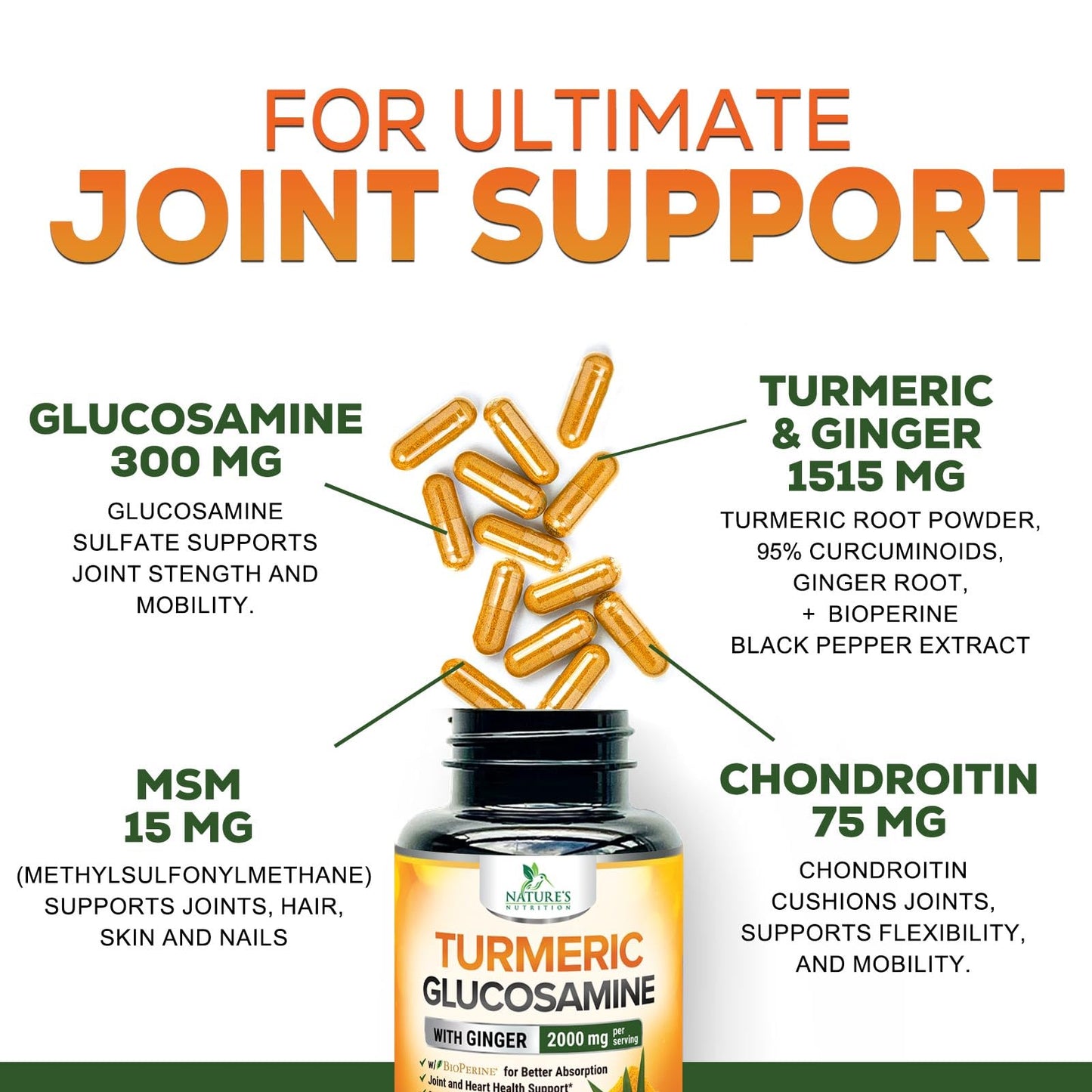 Turmeric Curcumin 2000mg with Glucosamine & Ginger – BioPerine, 240 capsules, USA Made