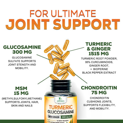 Turmeric Curcumin 2000mg with Glucosamine & Ginger – BioPerine, 240 capsules, USA Made