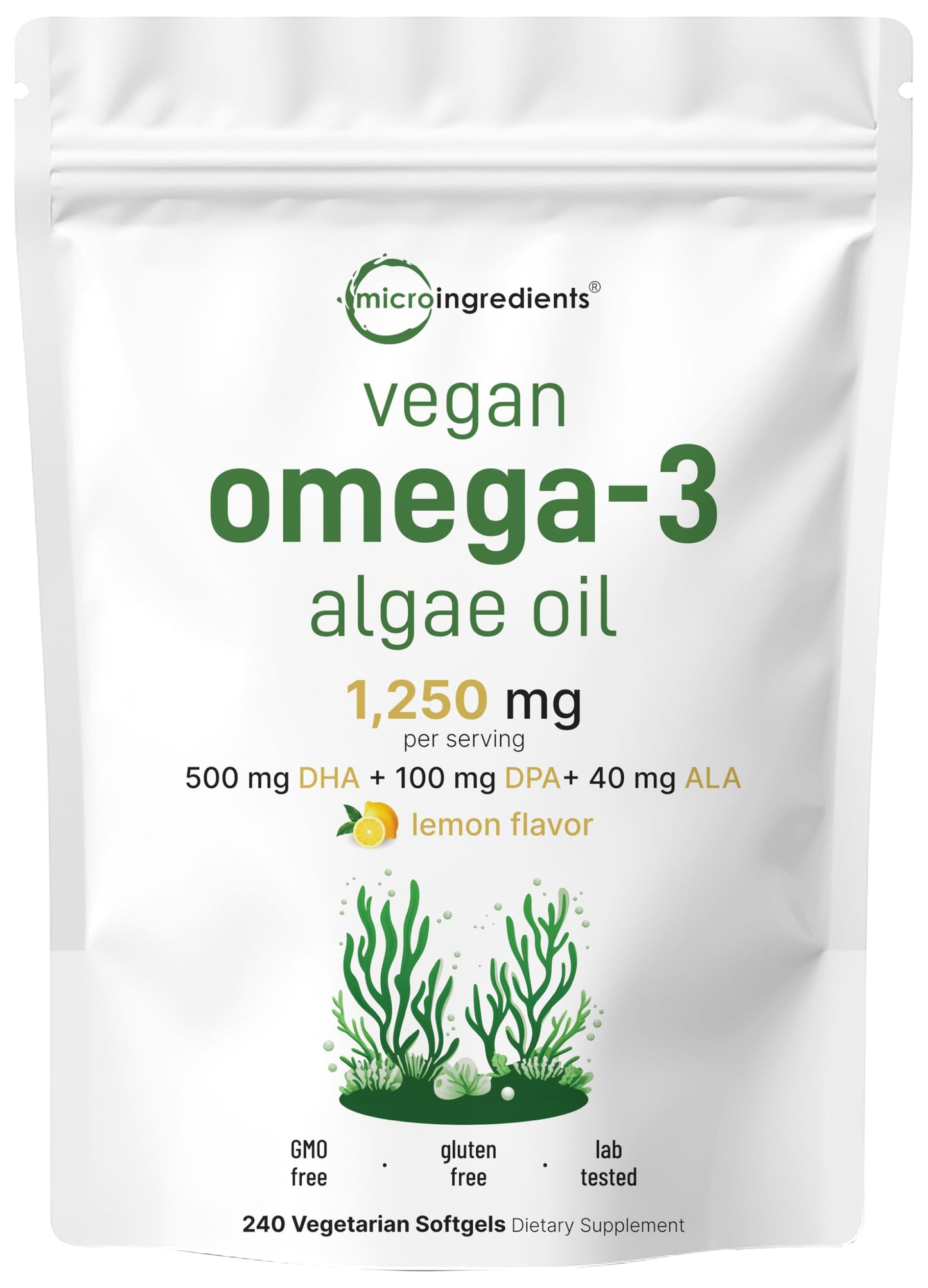 Micro Ingredients Vegan Omega-3 Algae Oil – 240 Veggie Softgels, DHA 500mg