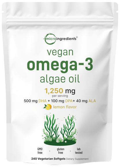 Micro Ingredients Vegan Omega-3 Algae Oil – 240 Veggie Softgels, DHA 500mg