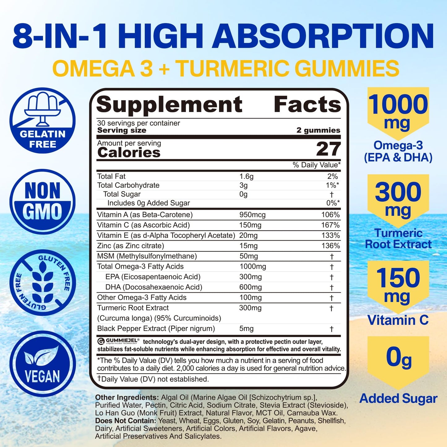 Vegan Omega-3 Gummies 1000mg + Turmeric | Algae DHA 600mg & EPA 300mg | Sugar Free, 60 Count