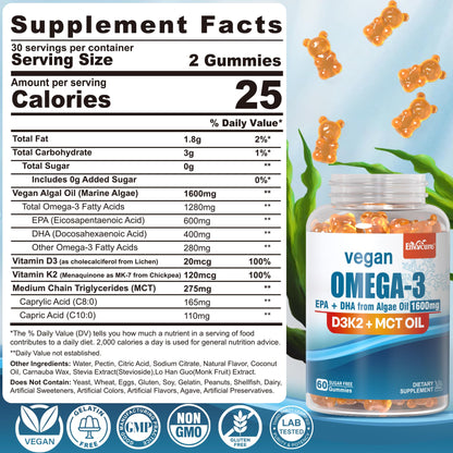 Vegan Omega-3 Gummies 1280mg + Vitamin D3 K2 (MK7) – Algae EPA 600mg & DHA 400mg, MCT Oil, Sugar Free