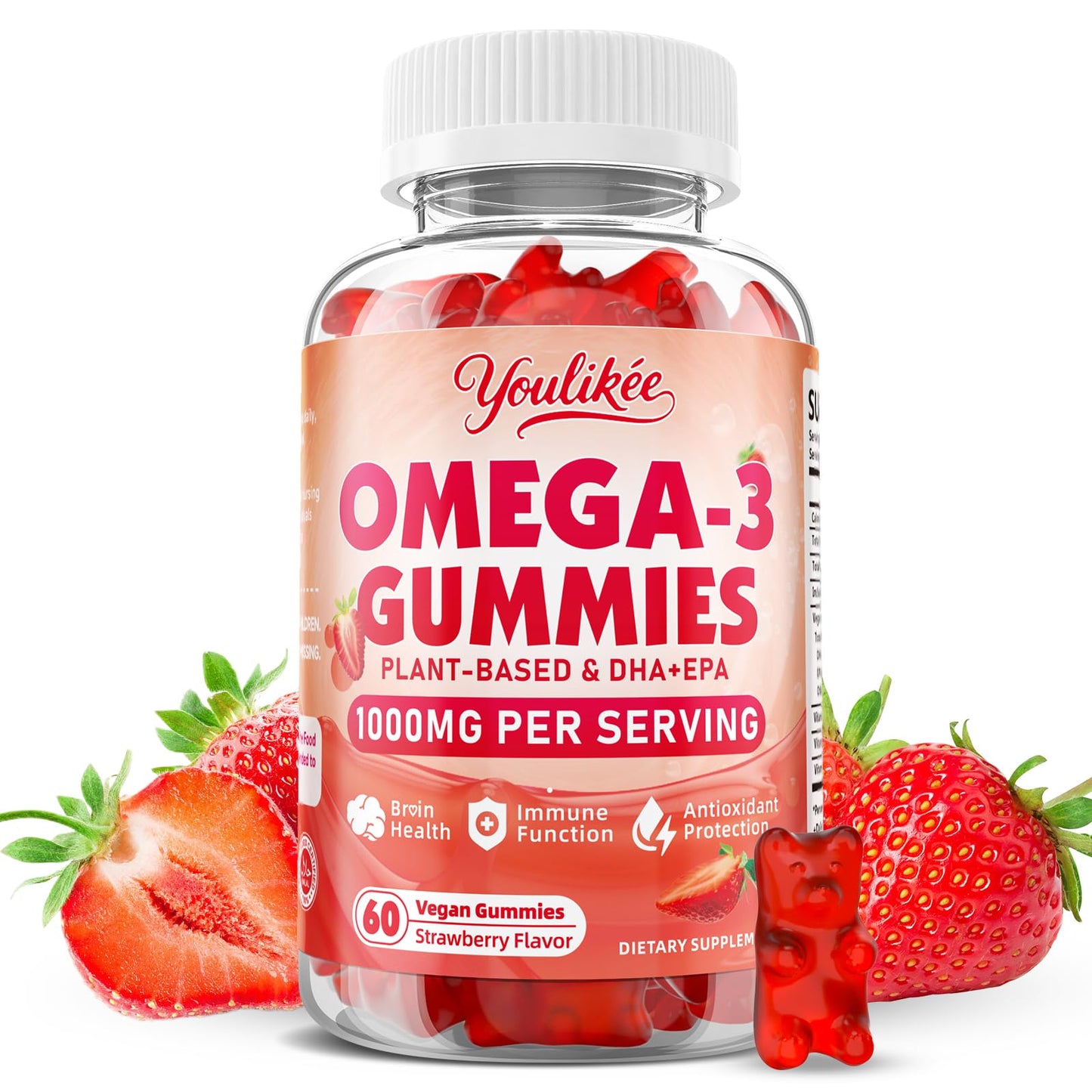 Vegan Omega-3 Gummies 1000mg | Algae DHA 460mg & EPA 230mg | Strawberry