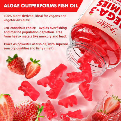 Vegan Omega-3 Gummies 1000mg | Algae DHA 460mg & EPA 230mg | Strawberry