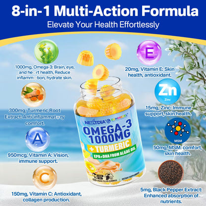 Nextdia Vegan Omega-3 Gummies 1000mg + Turmeric | Algae DHA 600mg & EPA 300mg, Sugar Free, 120 Gummies