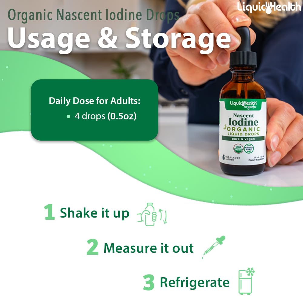 LIQUIDHEALTH Nascent Iodine Drops – USDA Organic, Colorless & Tasteless, Made in USA (2 oz) – Thyroid & Immunity Support, Vegan