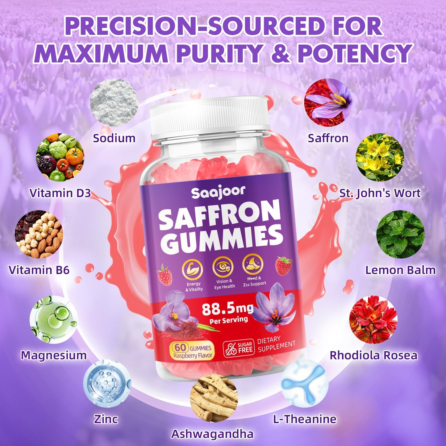 Saffron Gummies for Adult Kids - 88.5mg Saffron, Mood & Focus, Vegan Raspberry 60 Gummies