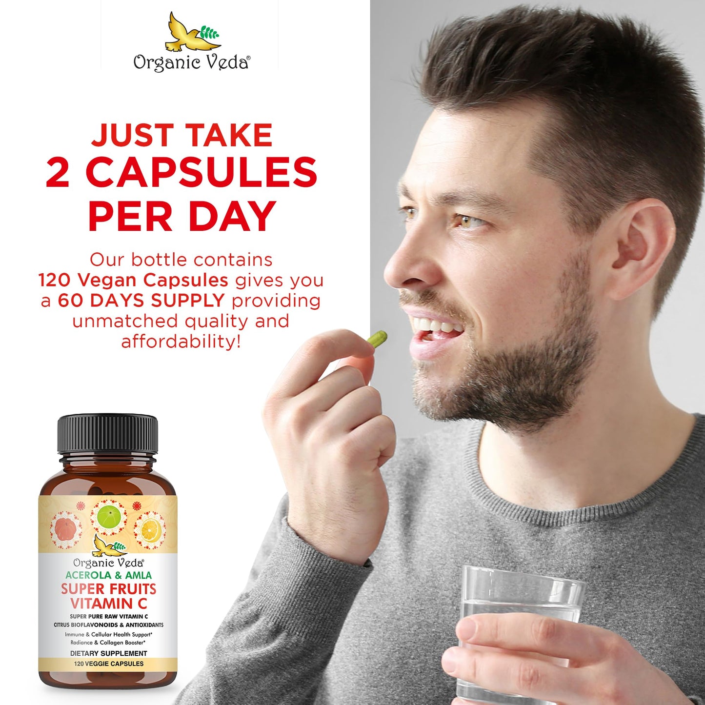 Organic Veda Superfruits Vitamin C Capsule – Acerola & Amla, 120 Vegan Pills