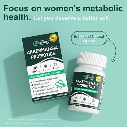 Natprime Akkermansia Probiotic GLP-1 Supplement – 100B CFU Akkermansia Muciniphila, Prebiotic Fiber, Metabolism & Gut Health | 60 Capsules