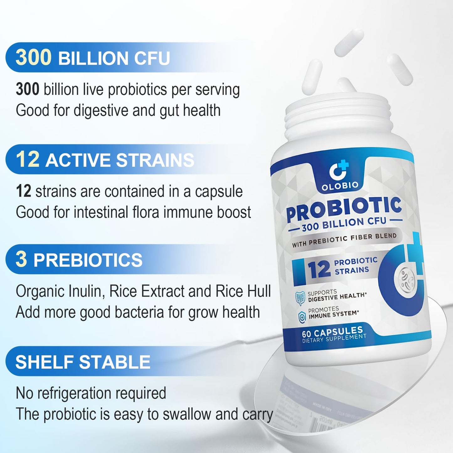 300 Billion CFU Probiotic with 12 Strains & 3 Organic Prebiotics – Daily Digestive & Immune Support, Vegan, Shelf-Stable, 120 Count