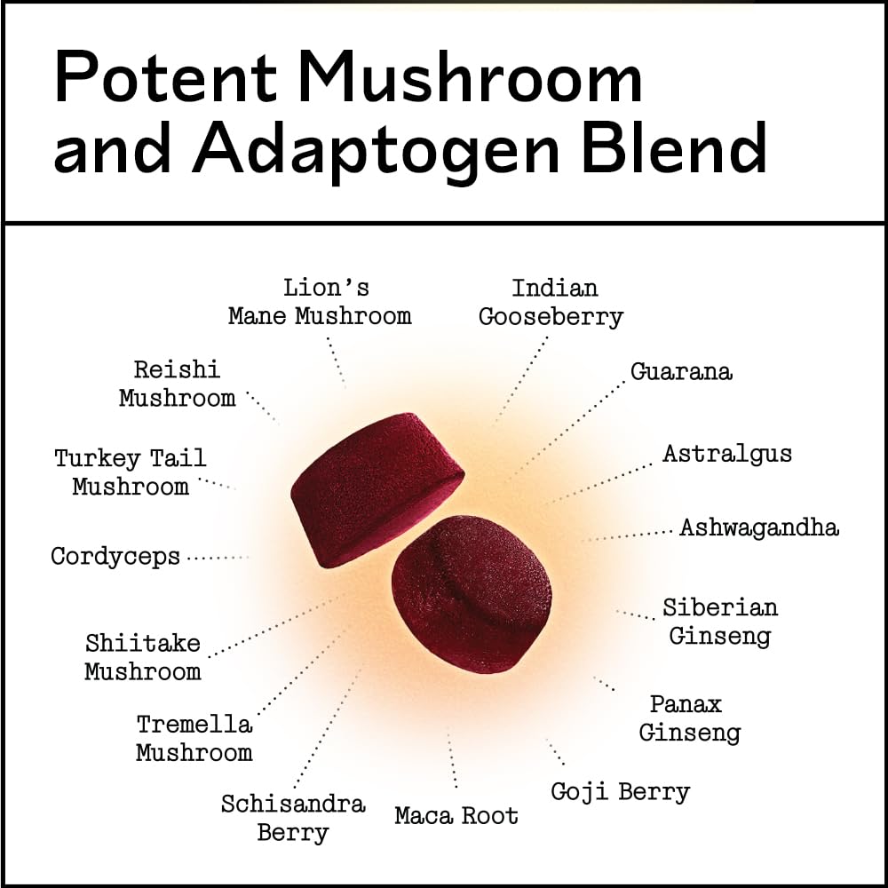 Mushroom Gummies - Lion's Mane, Cordyceps, Reishi, Shiitake Adaptogen Supplement | Immune Support, De-Stress, Mood & Energy - 60 Count | Vegan, Sugar-Free, Non-GMO