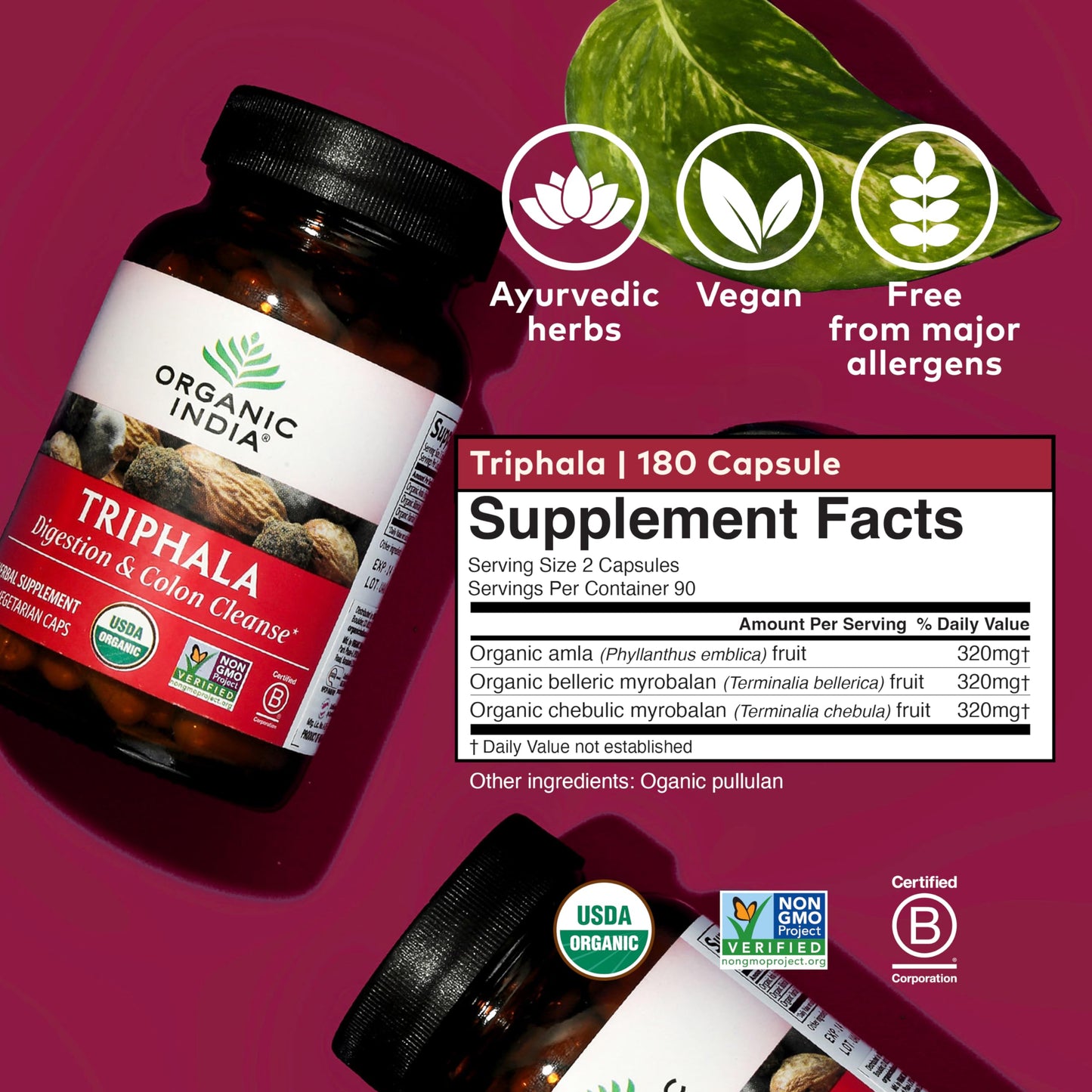 Organic India Triphala Capsules - Digestive & Immune Support, 180 Capsules