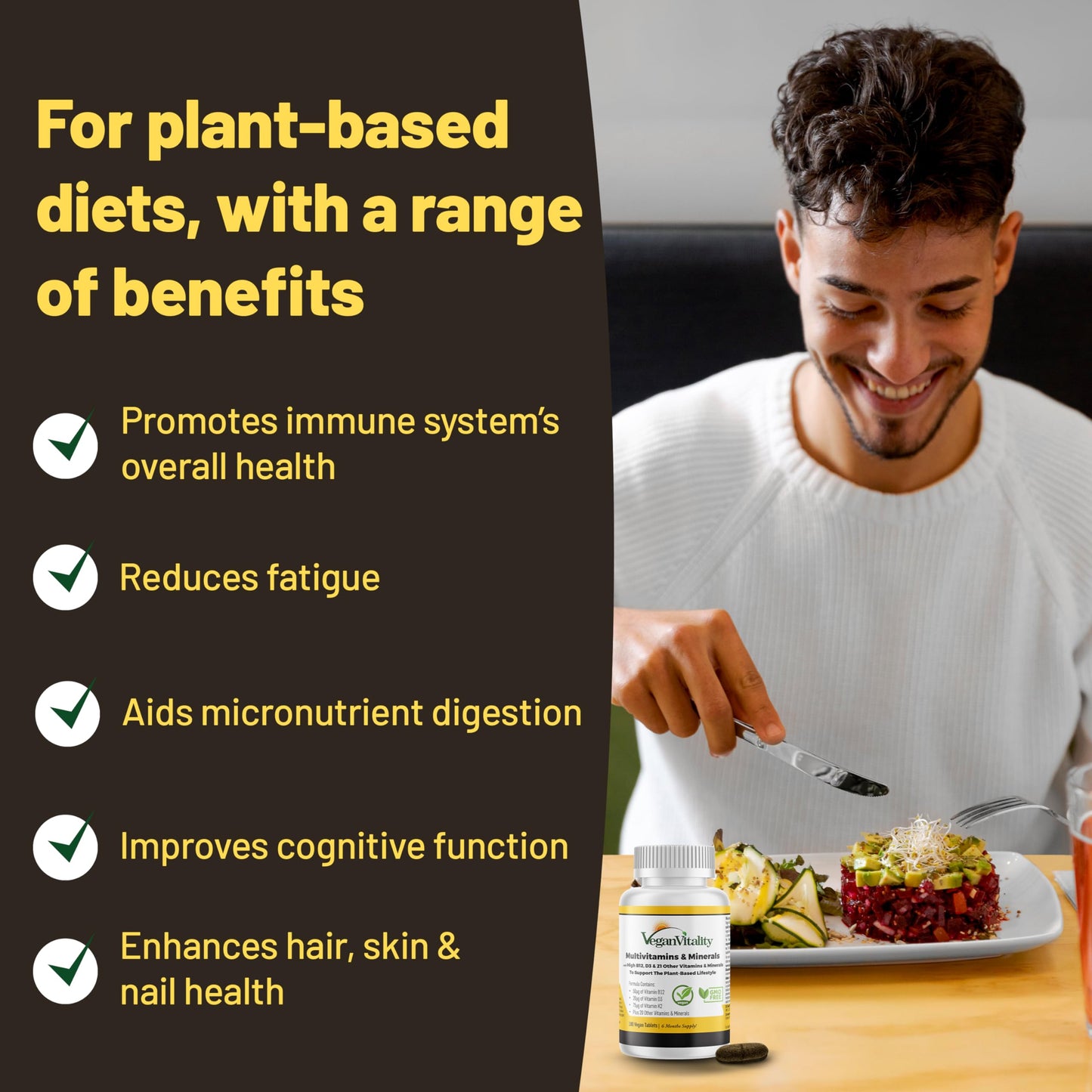 Vegan Vitality Multivitamins for Women & Men | High-Strength B12 D3 K2 | 180 Tablets (6 Months)