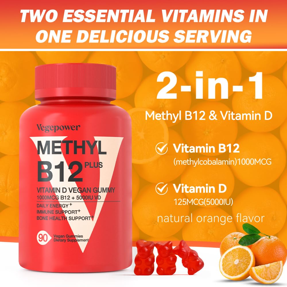 Vegan Vitamin D3 + B12 Gummies – Orange Flavor, 90 Gummies for Adults & Kids | Vegepower