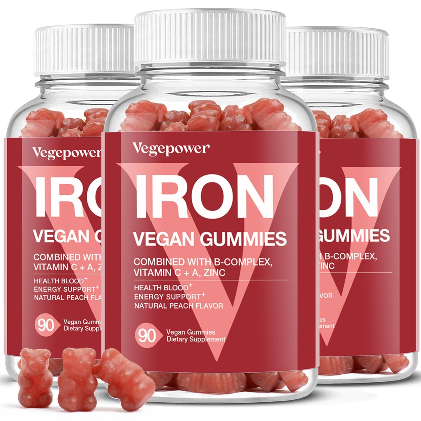 VEGEPOWER Iron Gummies – Vegan Iron Multivitamin for Women & Kids, Peach Flavor (3 Packs)