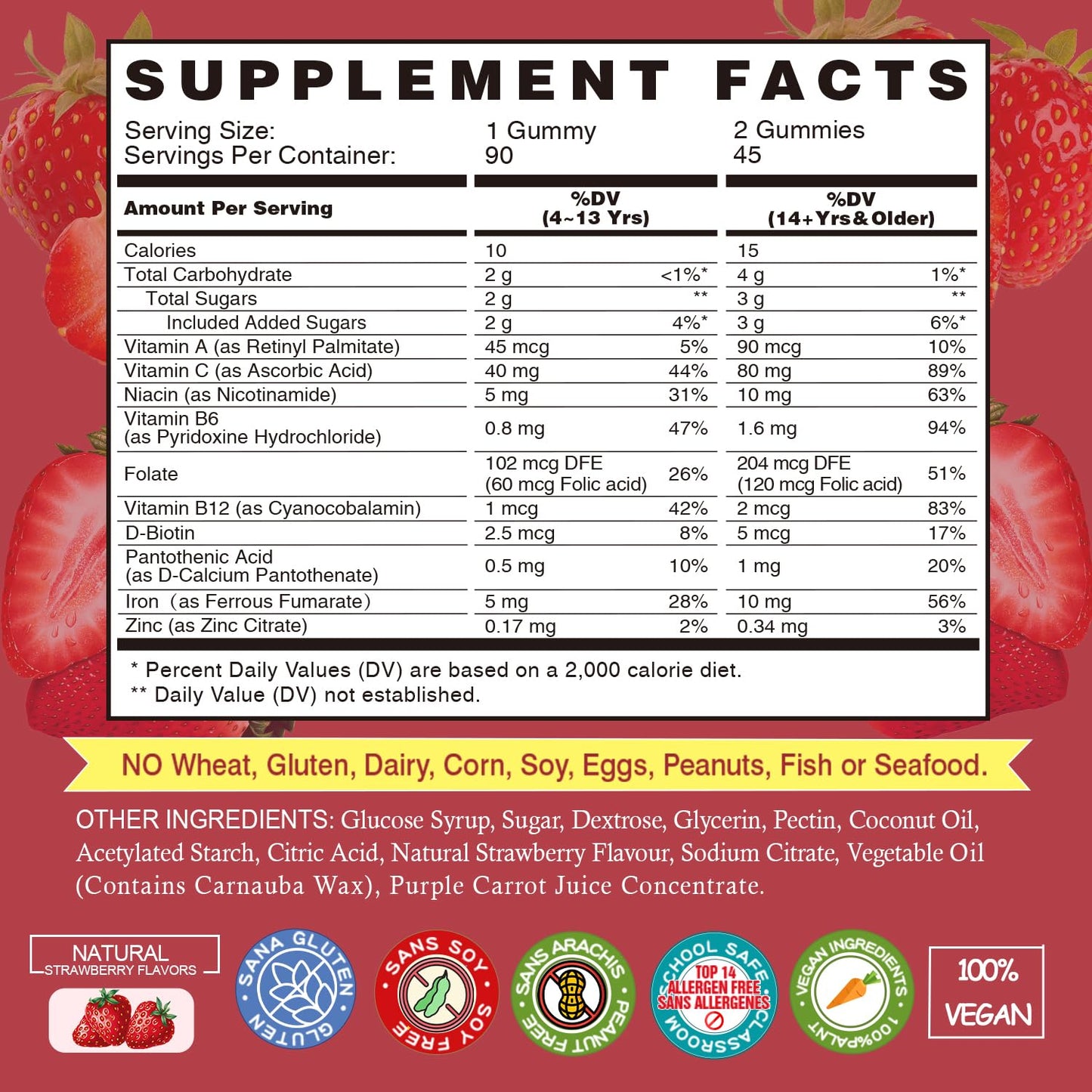 Iron Gummies for Women & Kids - Vegan Multivitamin with Vitamin C - Strawberry