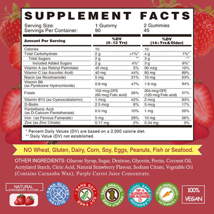 Iron Gummies for Women & Kids - Vegan Multivitamin with Vitamin C - Strawberry