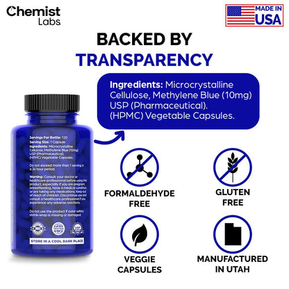 Chemist Labs Methylene Blue Capsules – USP Grade 99% Purity, Made in USA (120 Count)