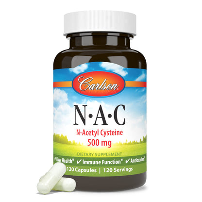 Carlson NAC 500mg – N-Acetyl Cysteine for Liver Health & Immune Support | 120 Vegetarian Capsules