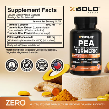X Gold Health Pea PEA + Turmeric Curcumin Complex – 1600mg Micronized, 99% PEA & 95% Curcuminoids – Joint Support, Mobility & Comfort – Made in USA
