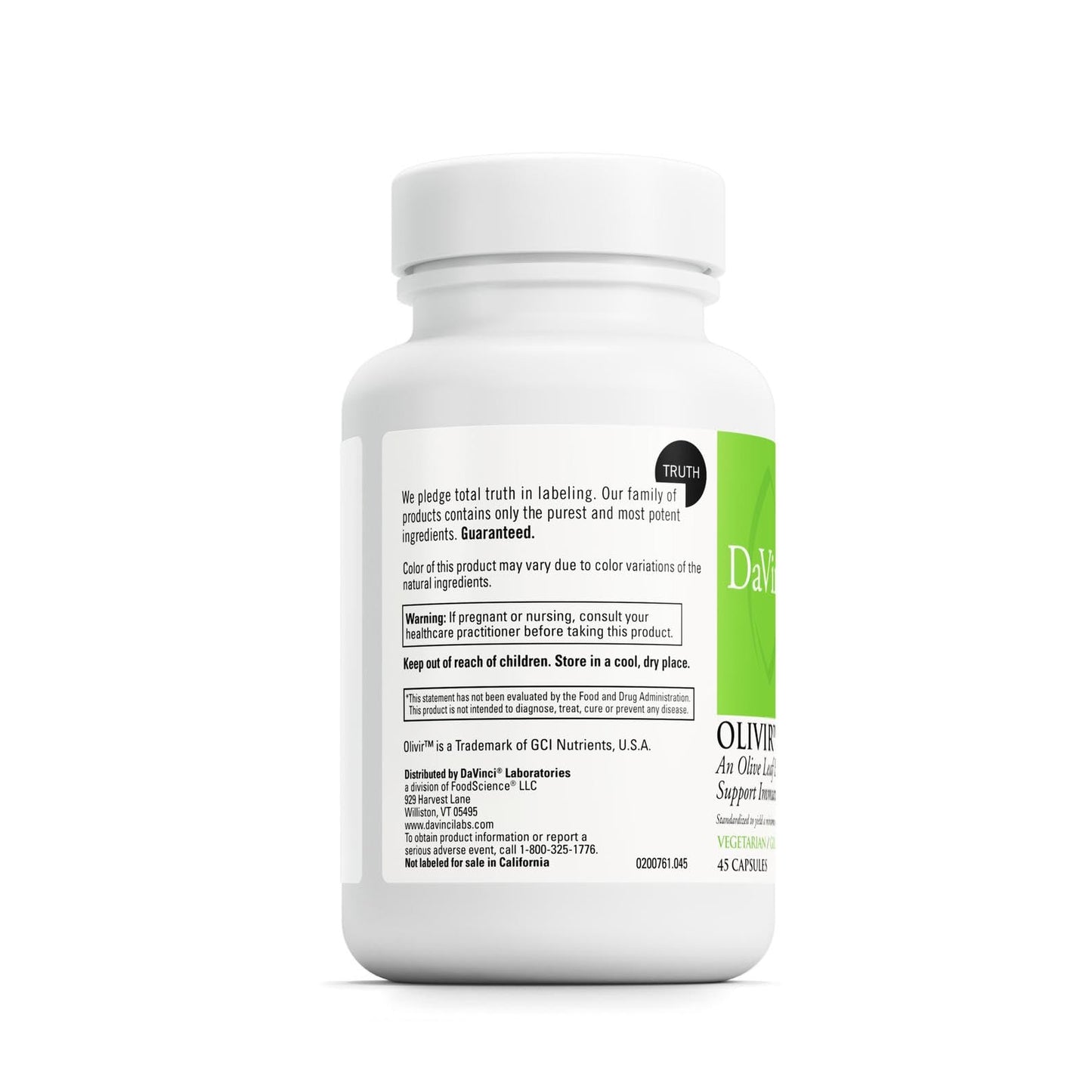 DAVINCI Labs Olivir 15-45 Capsules | Olive Leaf Extract for Immune Support