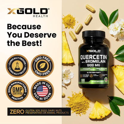 Quercetin + Bromelain 1300mg – 95% Quercetin, 2400 GDU/g Bromelain | Made in USA | 120 Caps