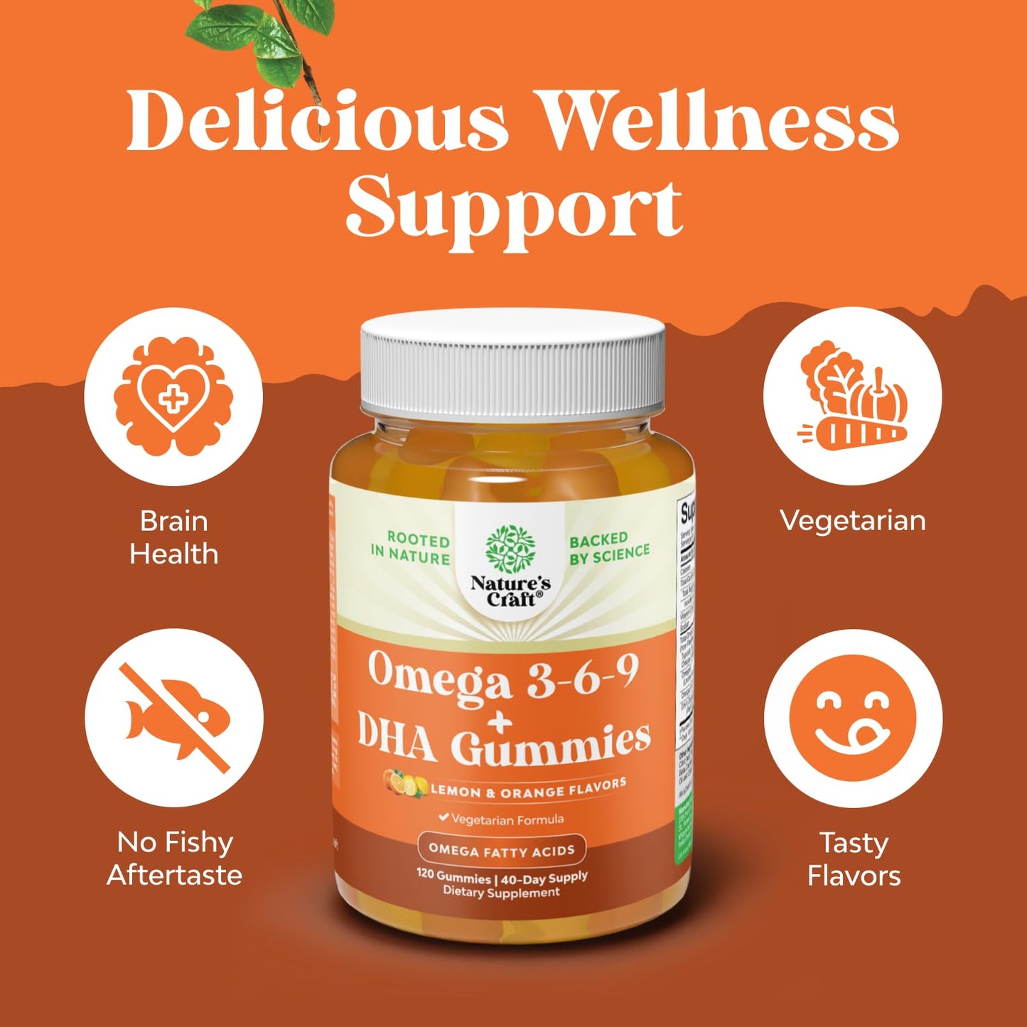 Vegetarian Omega 3-6-9 Gummies for Adults - Plant-Based DHA 3-6-9 | Burpless & Fish Free